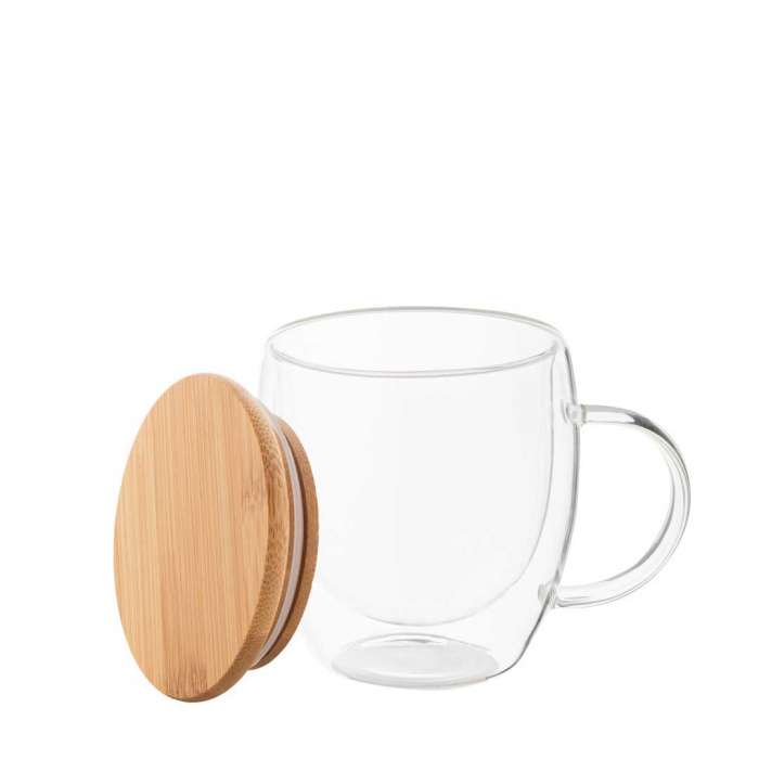 Tazza termica da 250 ml a doppia parete in vetro borosilicato con manico e coperchio in bambù