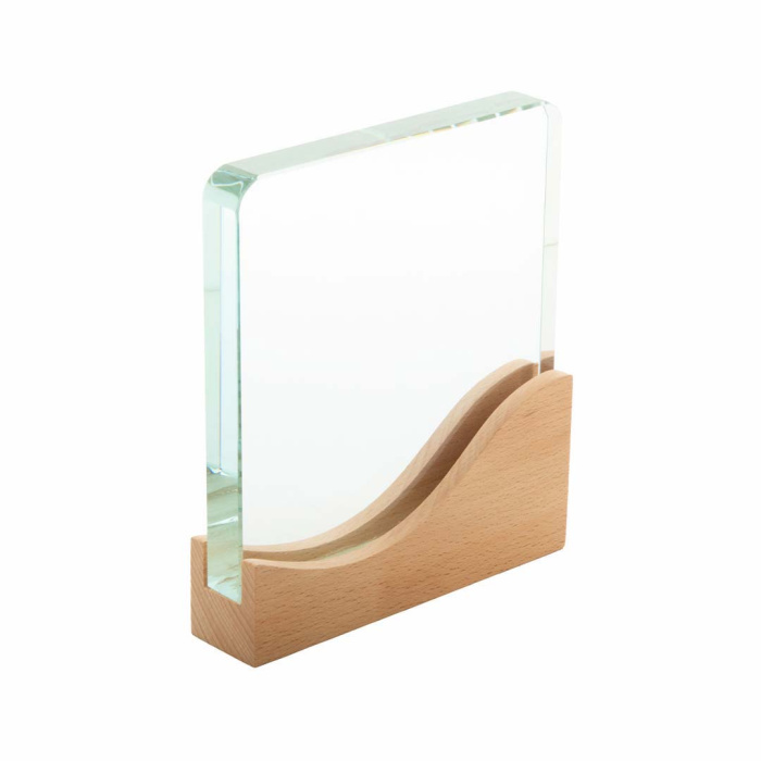 Trofeo in vetro quadrato con base in legno di faggio
