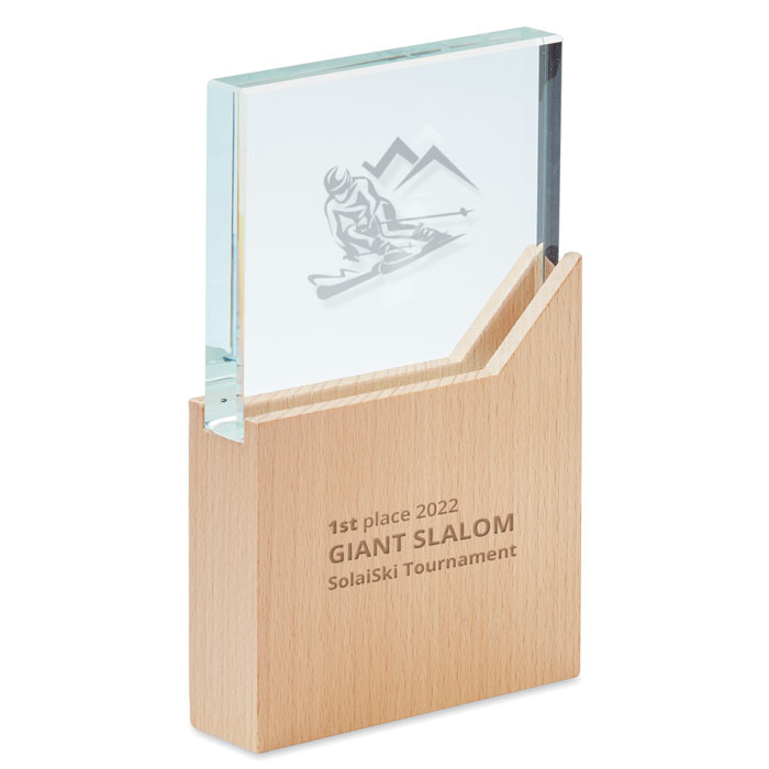 Trofeo rettangolare in cristallo con base in legno e confezione regalo
