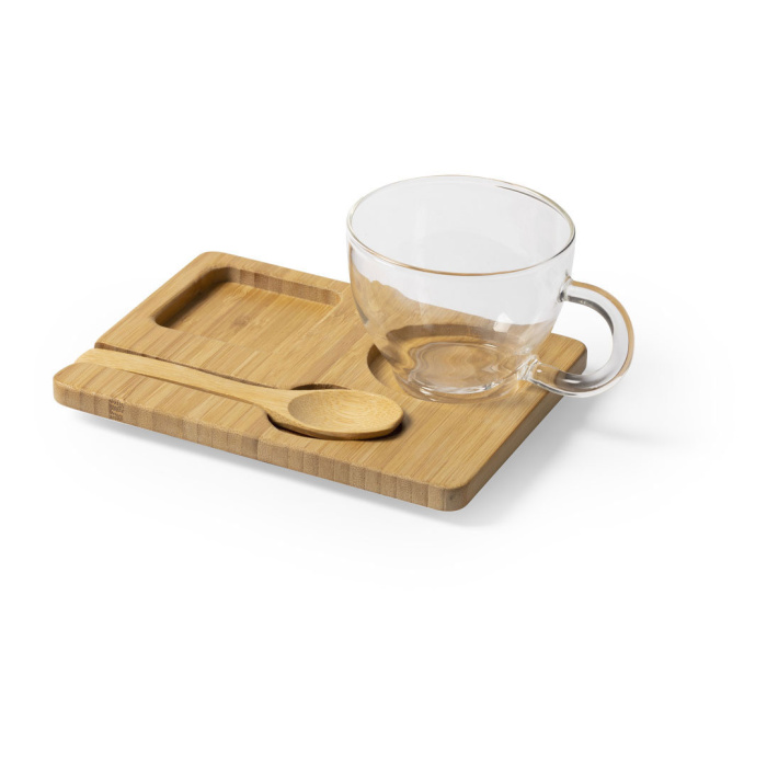 Mug in vetro con cucchiaio e vassoio in bambù