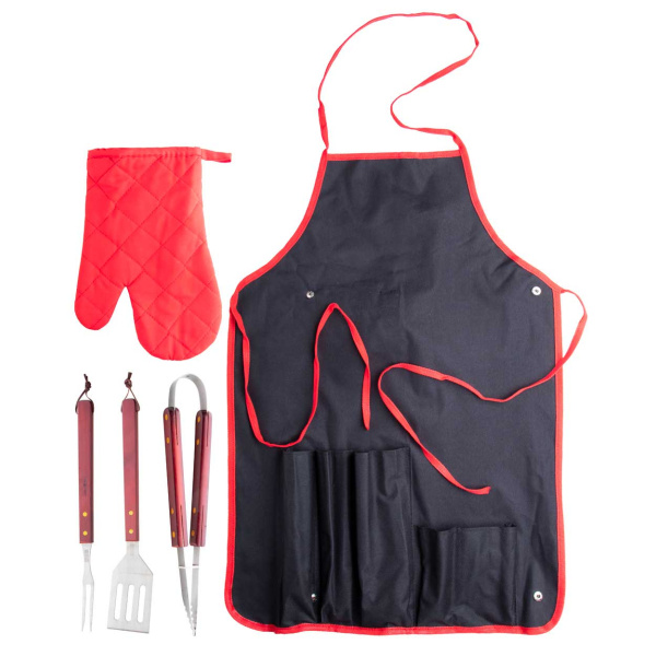Set BBQ 5 pezzi in acciaio inox con manico in legno, guanto e grembiule in poliestere