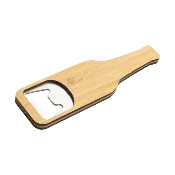 Apribottiglie a forma di bottiglia in acciaio e bambù