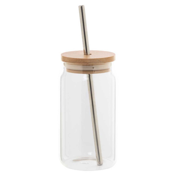 Bicchiere 450 ml in vetro con cannuccia in acciaio inox riciclato e coperchio in bambù