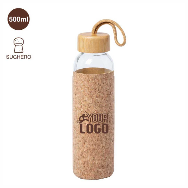 Borraccia 500 ml in vetro con rivestimento in sughero e tappo in bambù