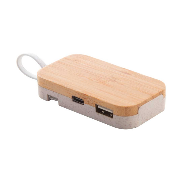 Hub USB in bambù e plastica ecologica con supporto per cellulare