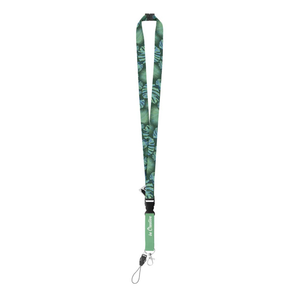 Lanyard in RPET con moschettone staccabile, cordino per cellulare e chiusura di sicurezza