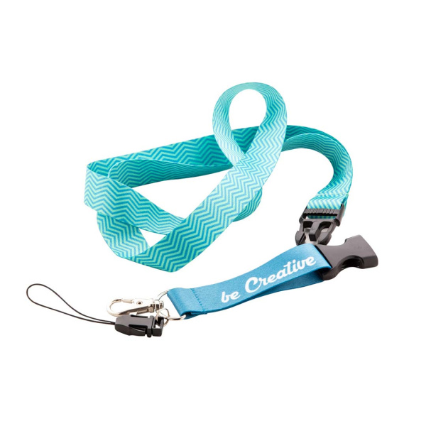 Lanyard in RPET personalizzabile con moschettone staccabile e cordino per cellulare