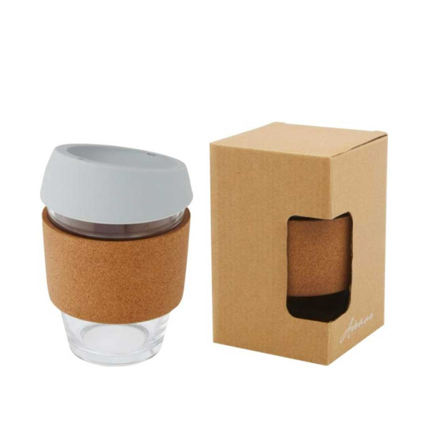 Bicchiere da 360 ml in vetro borosilicato con impugnatura in sughero e coperchio in silicone