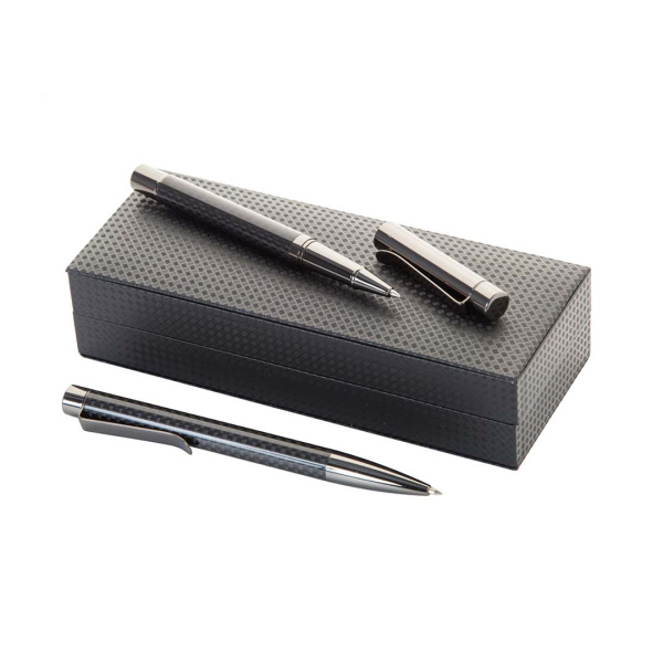 Penna e roller in metallo design carbonio in confezione regalo