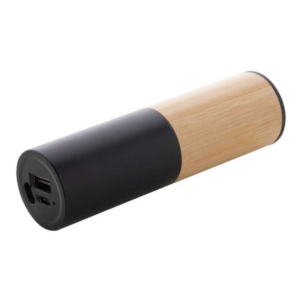 Power bank a forma di cilindro in alluminio riciclato e bambù, 2600 mAh