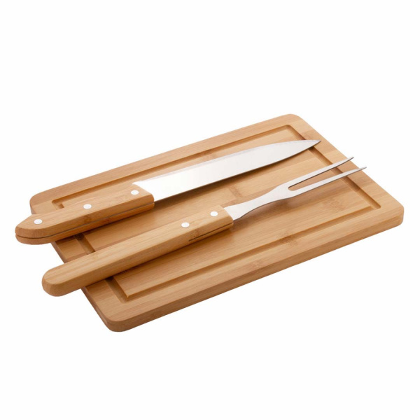 Set da carne con tagliere in bambù, forchetta e coltello in acciaio inox