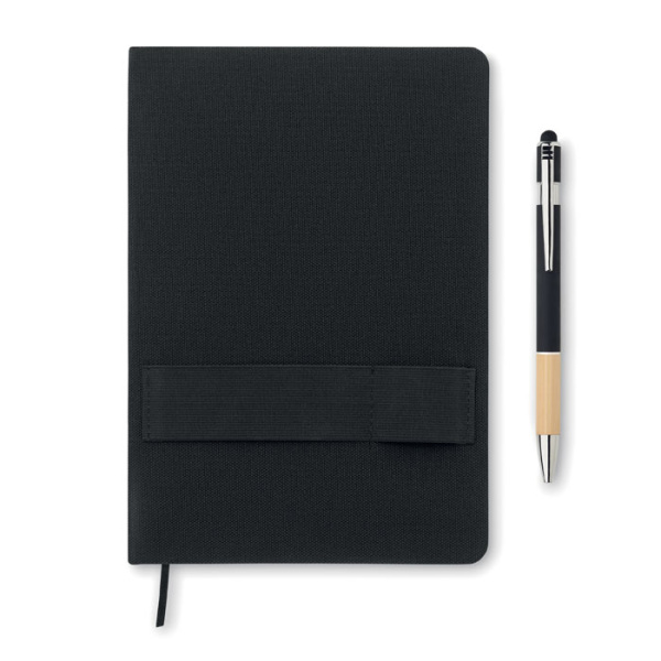 Set notebook A5 con copertina rigida in RPET e penna in bamboo