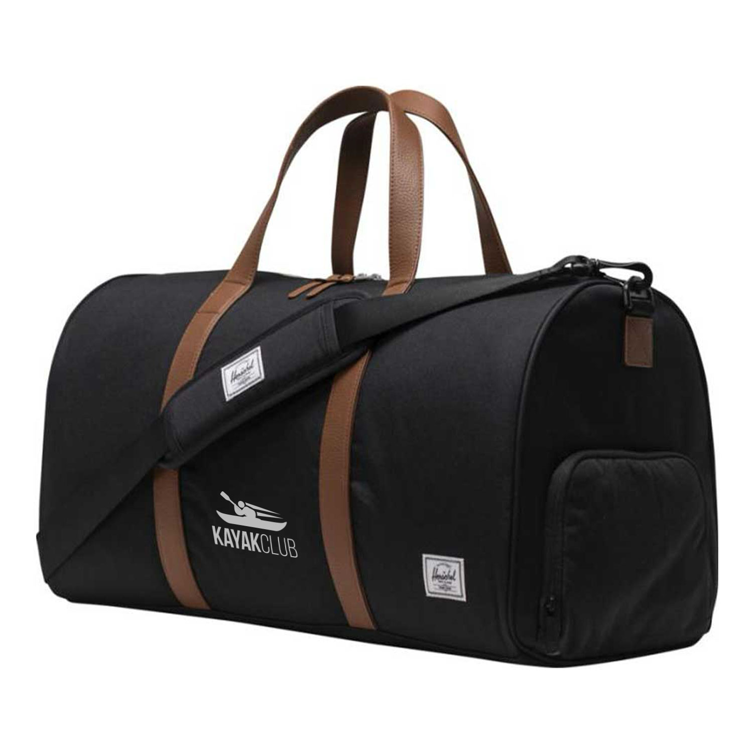 Borsone sportivo nero con manici in pelle e logo bianco stampato
