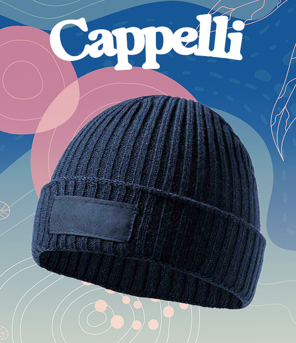 Cappellino invernale blu da personalizzare, ideale per regali aziendali natalizi.