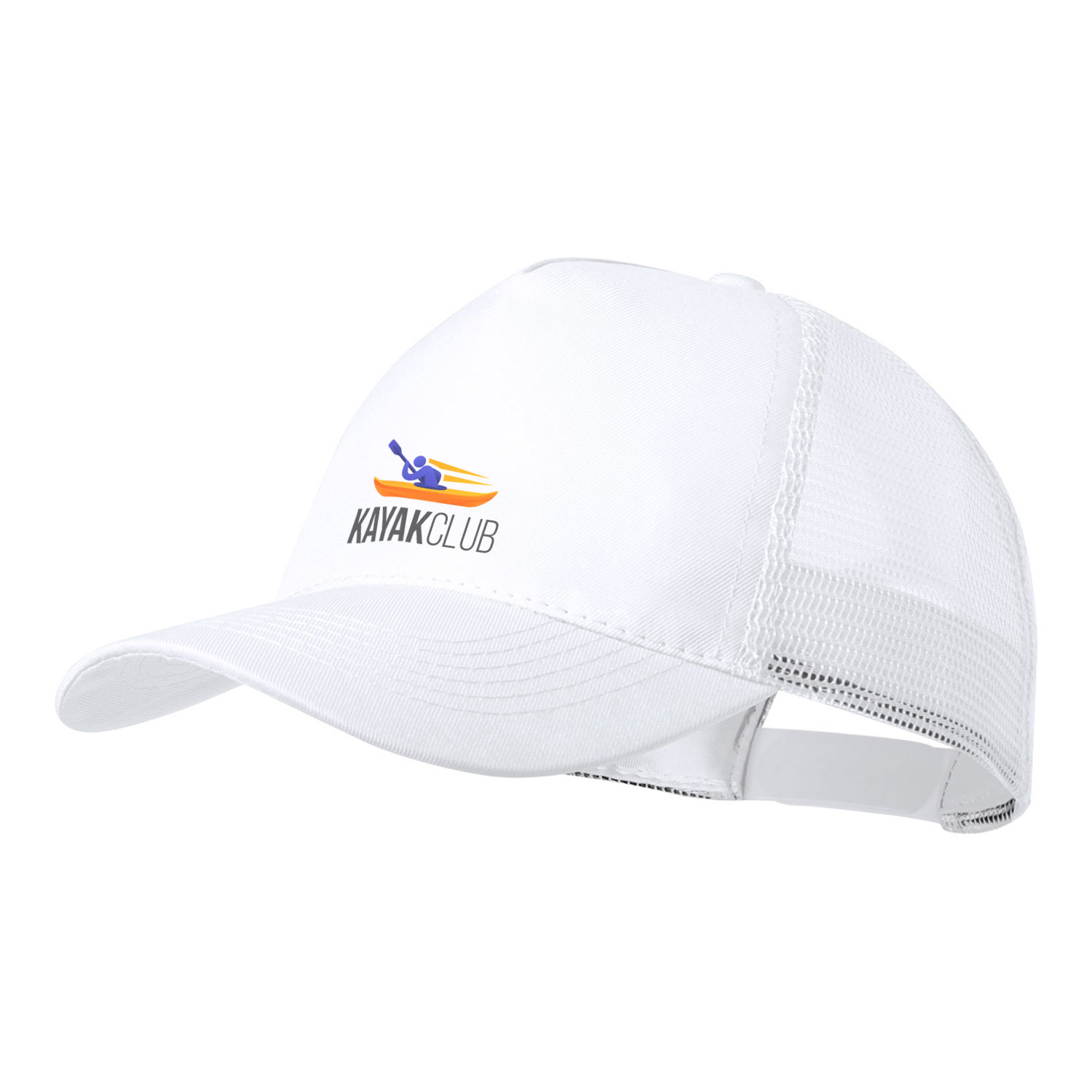 Cappellino sportivo bianco con chiusura a velcro e logo stampato in full color
