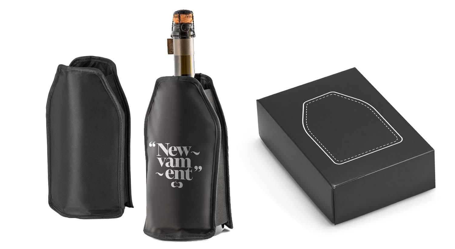 Fascia refrigerante in nylon con elastico e scatola nera con illustrazione. Ideale per le presentazioni durante eventi culinari.