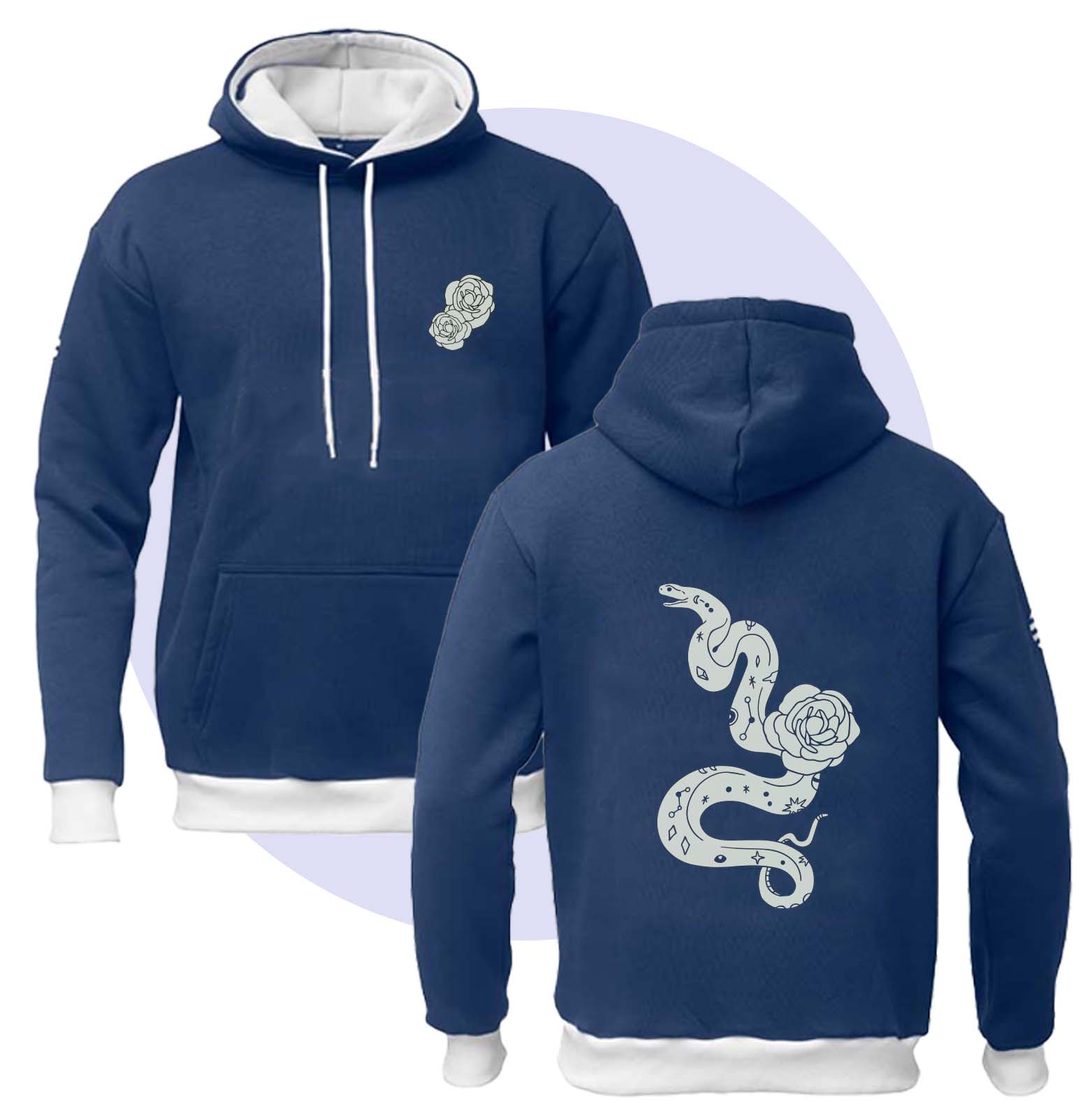 Due felpe blu con stampe bianche, una in alto a sinistra una in basso a destra. Background bianco con cerchio azzurro.