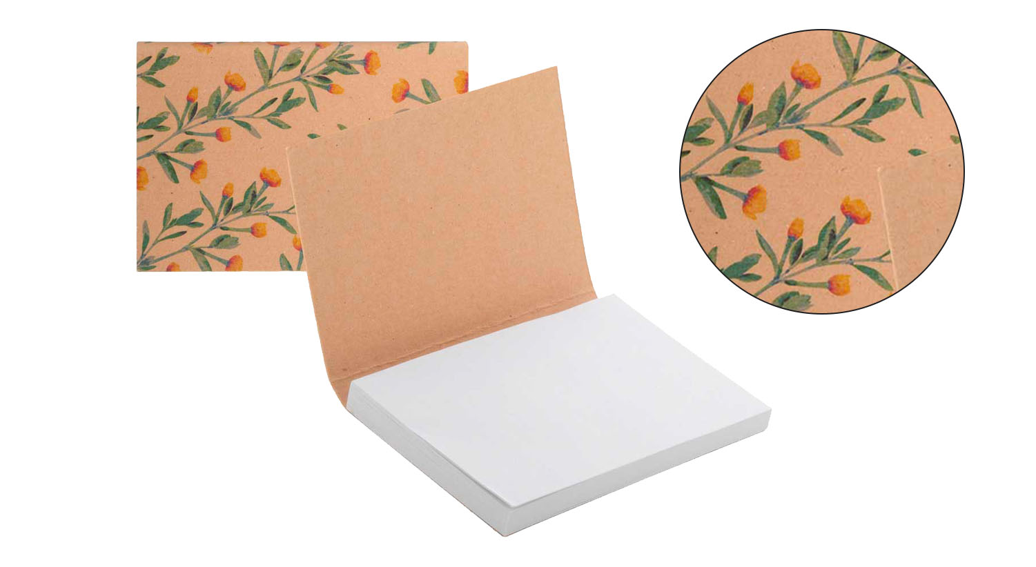 Blocchetto post-it ecologico con copertina in cartoncino, perfetto come gadget sostenibile o accessorio da scrivania.