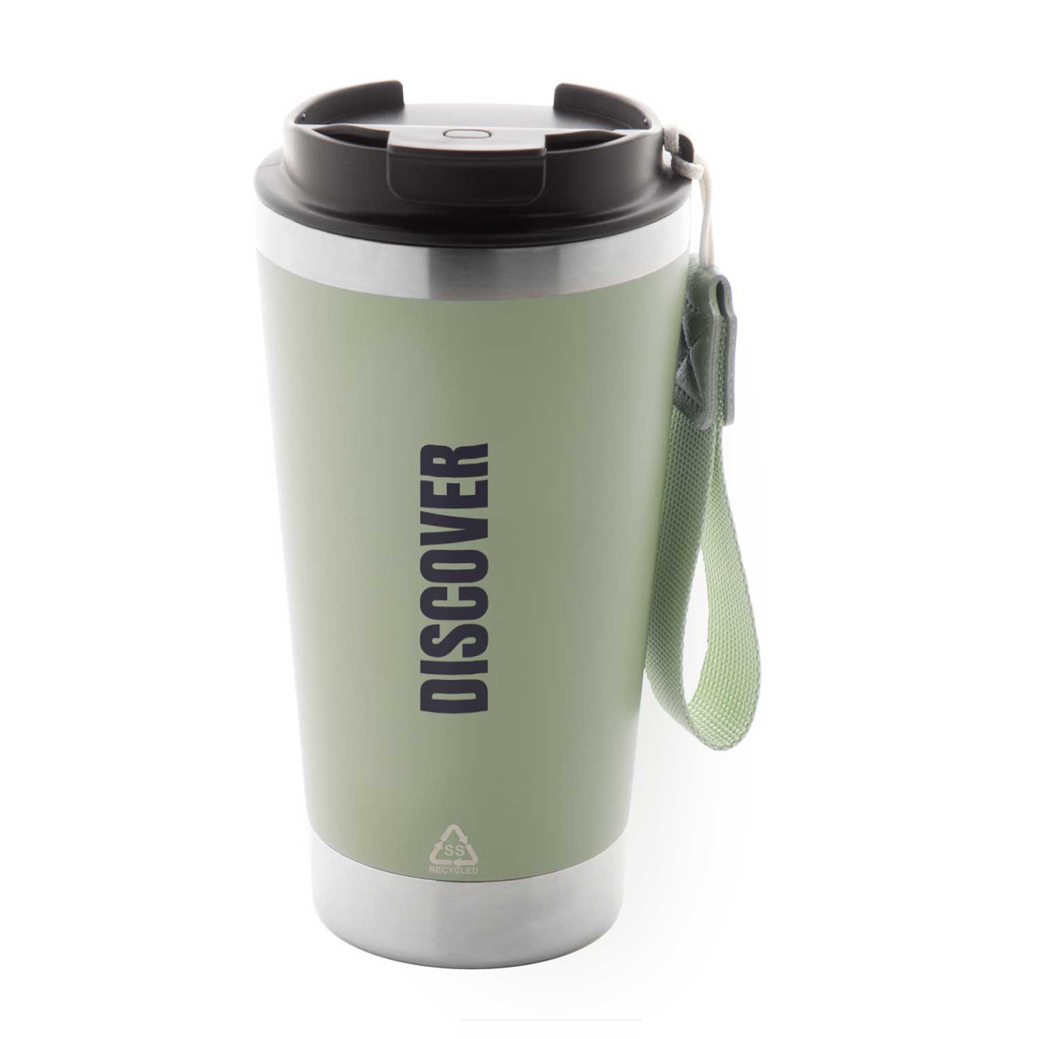Tazza termica verde con laccio da polso e tappo ermetico nero