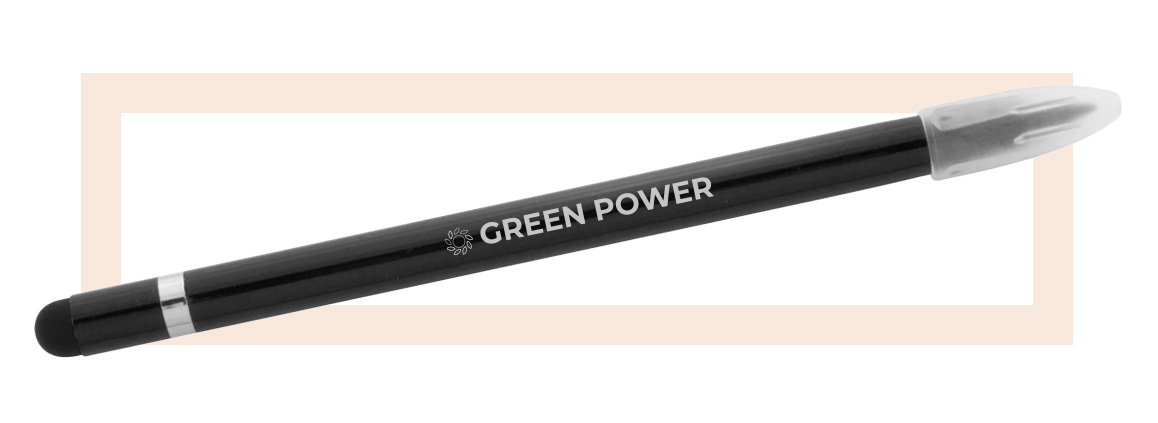 Penna infinita nera con logo bianco inciso e dietro traccia grafica rettangolare arancione 