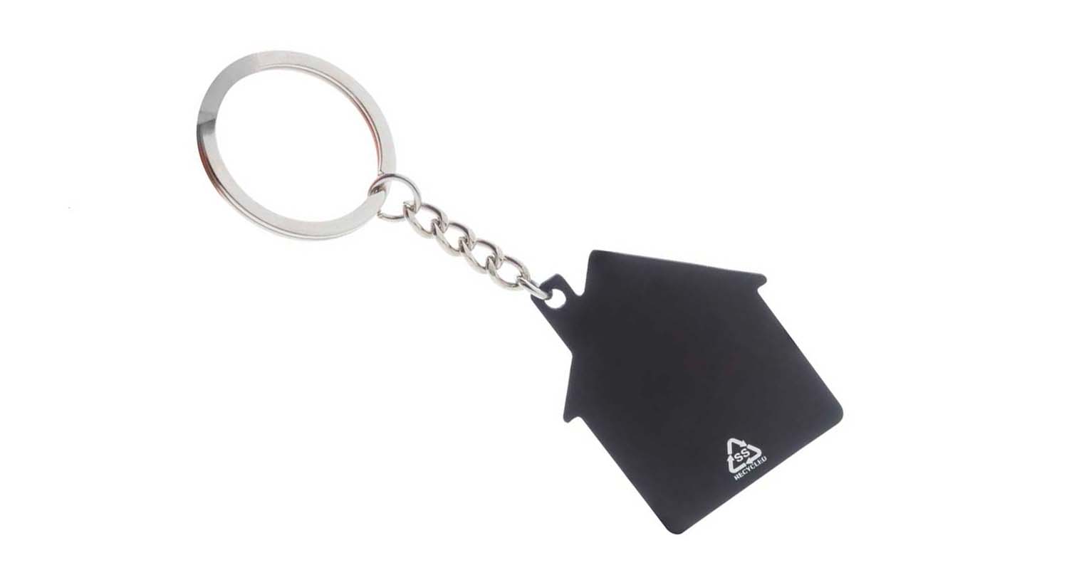 Portachiavi a forma di casa in acciaio riciclato con finitura gommata su sfondo bianco.