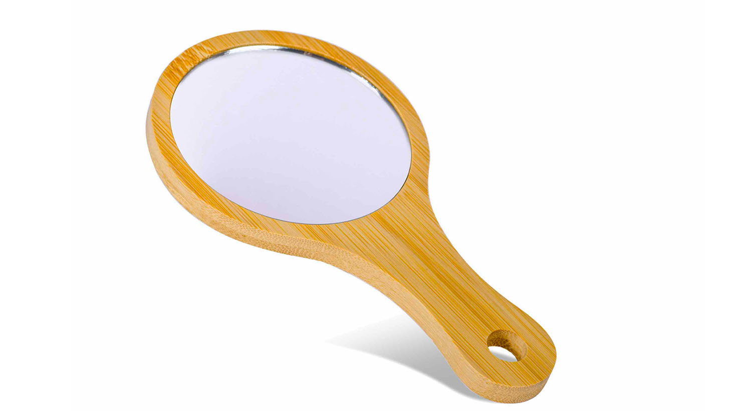 Specchio da mano con manico in bambù naturale, diametro 16 cm, ideale come gadget ecologico o accessorio per la cura personale.