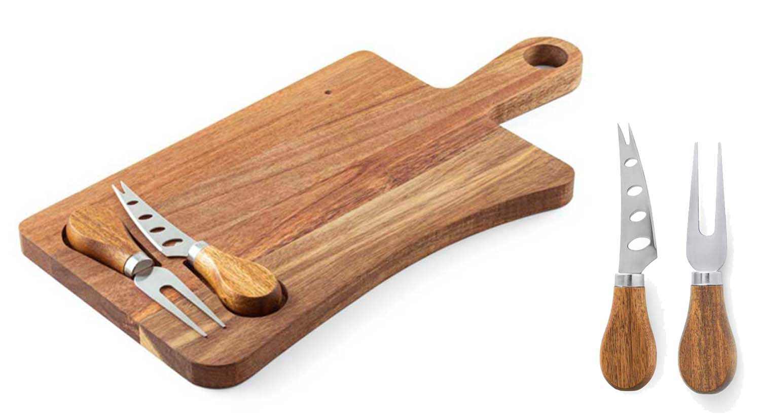 Tagliere in legno di acacia per degustazioni con forchetta e coltello. Ideale per gli eventi culinari.