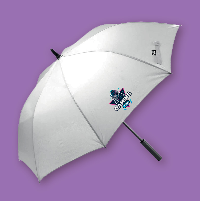 Ombrello bianco in rpet personalizzato in full color con pellicola DTF.