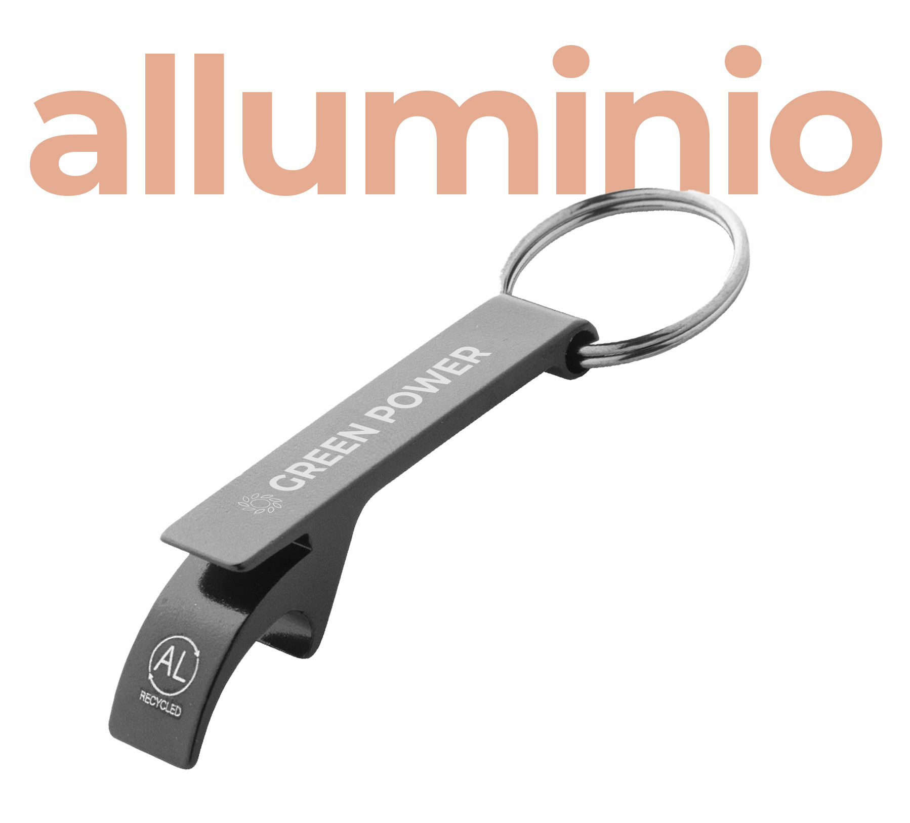 Portachiavi apribottiglie nero, con anello e incisione del logo argento