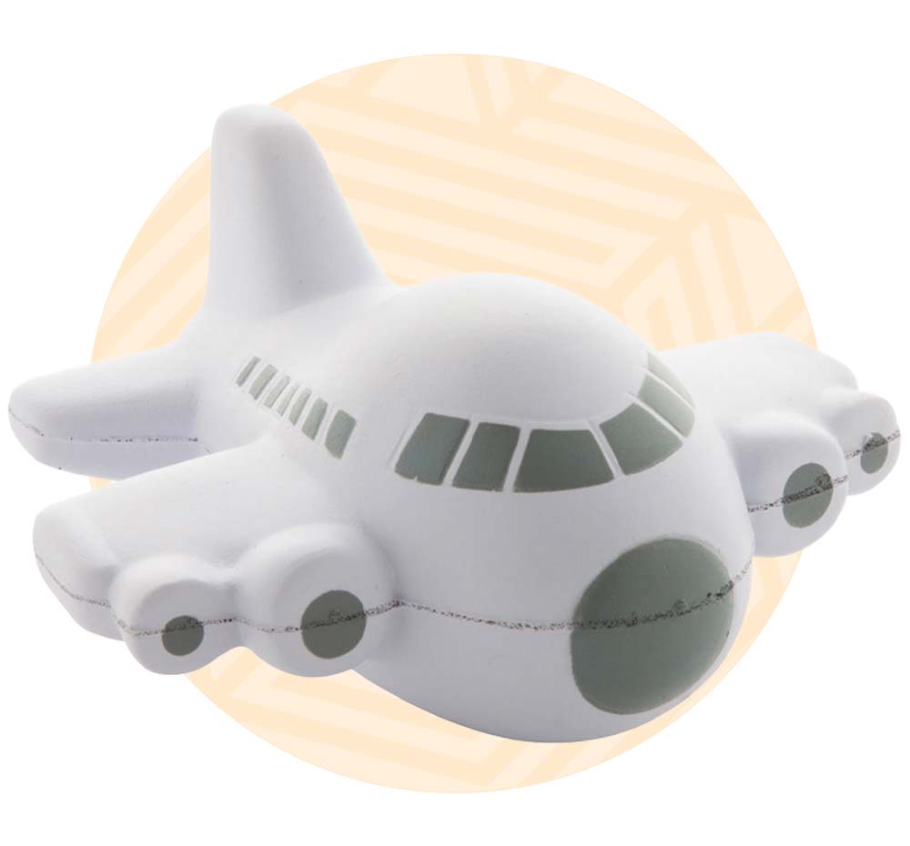  Antistress a forma di areo bianco. Background di una grafica circolare arancione. 