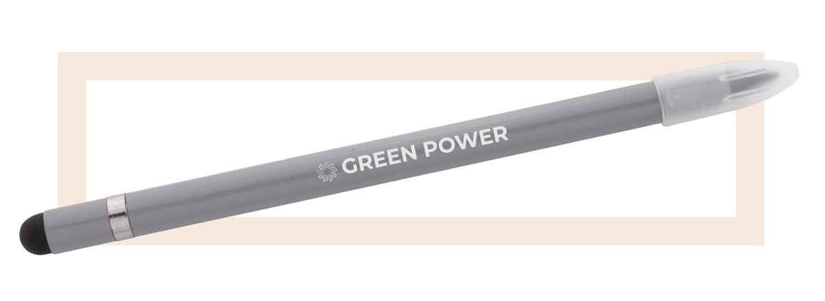 Penna infinita argento con logo bianco inciso e dietro traccia grafica rettangolare arancione 