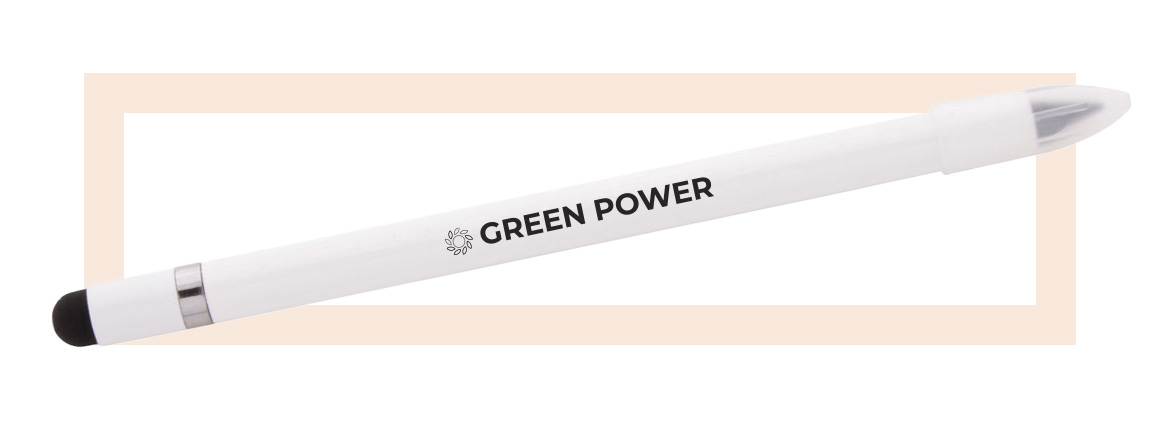 Penna infinita bianca con logo bianco inciso e dietro traccia grafica rettangolare arancione 