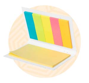 Post it con copertina in carta riciclata. Background composto da un cerchio arancione. 