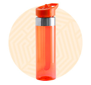 Borraccia arancione con beccuccio sportivo. Background grafico con greca circolare arancione.