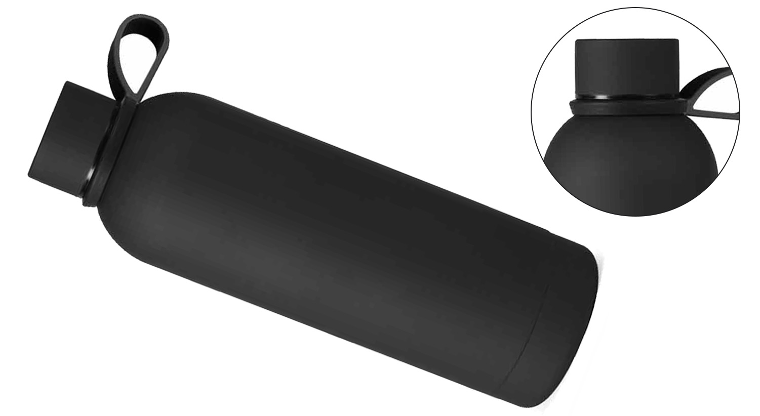 Borraccia termica nera opaca, disposta su sfondo bianco con dettaglio del tappo cerchio, ideale per l’inaugurazione di nuovi negozi.