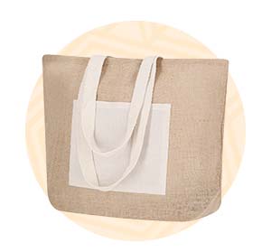 Borsa da mare in juta con tasca frontale in cotone. Background composto da un cerchio arancione.