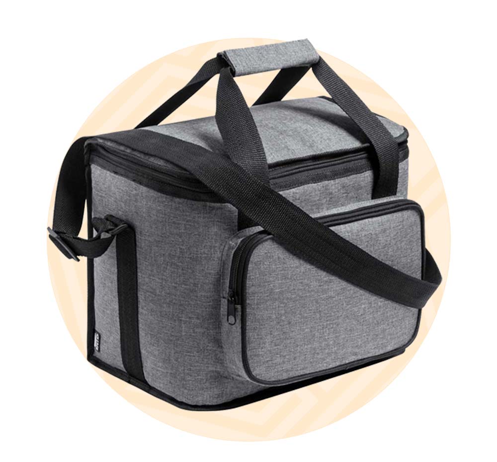 borsa termica grigia con background grafica arancione