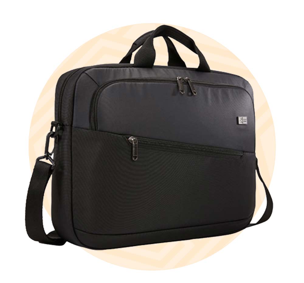 Borsa per pc nera. Background composto da un cerchio arancione.