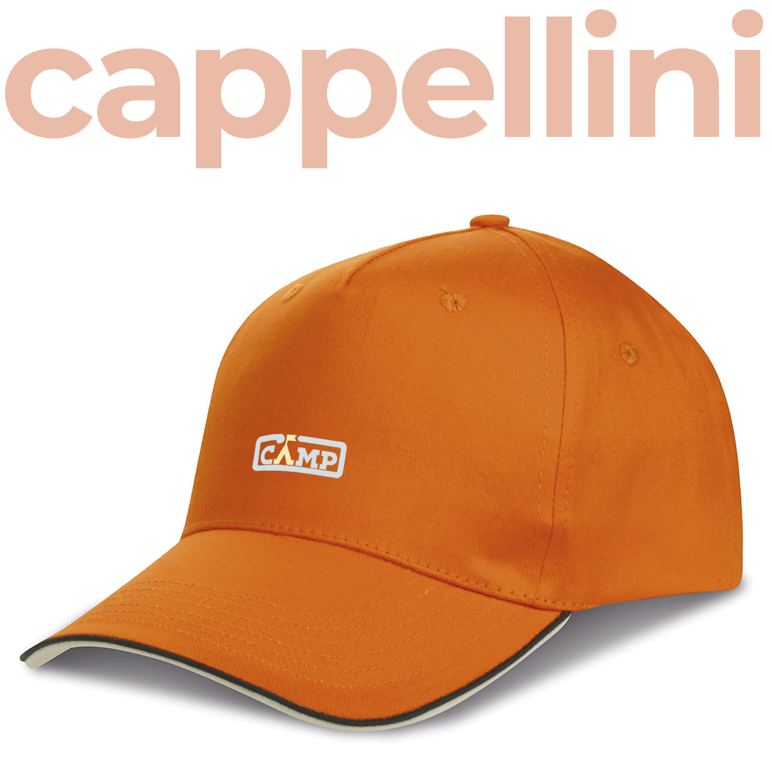 Cappellino arancione con logo colori pastello al centro. Background bianco e testo grafico in arancione chiaro