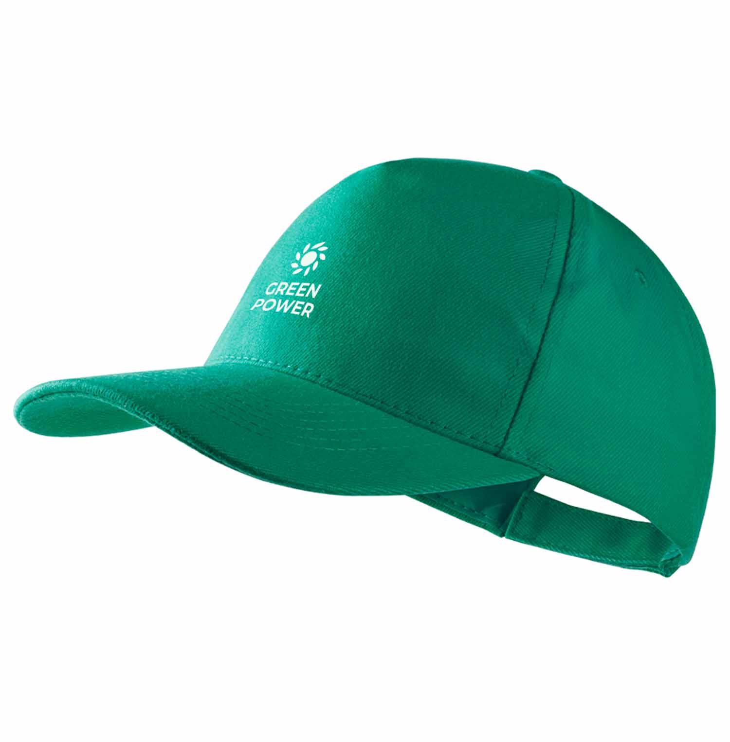 Cappellino con 5 pannelli verde con logo bianco al centro.