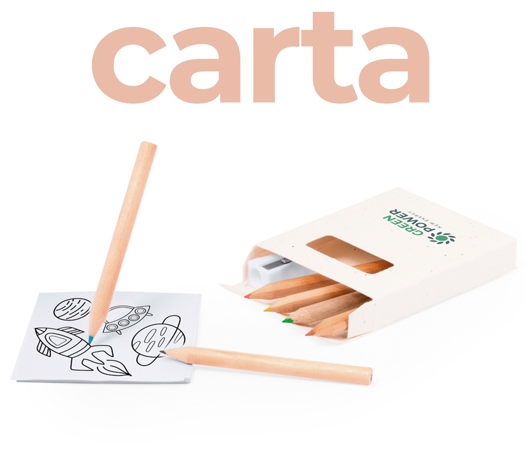 Astuccio in cartone bianco, personalizzato con logo a colori, contenente matite e fogli con disegni da colorare