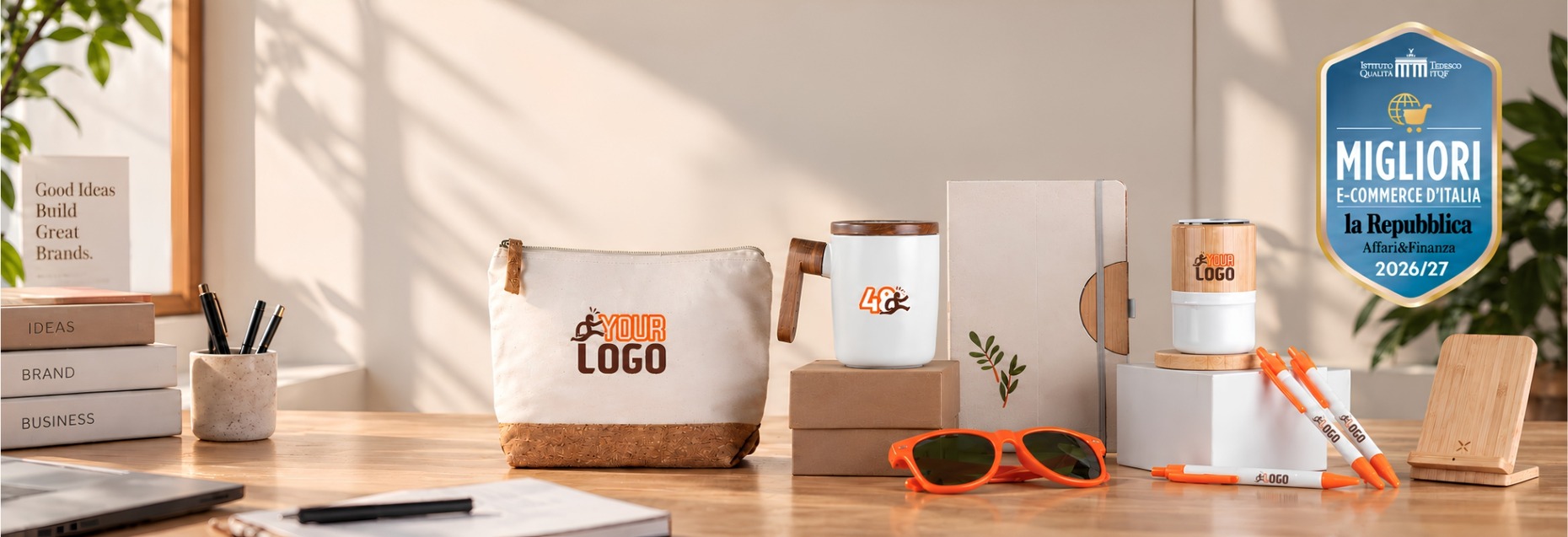 Set di gadget aziendali personalizzati: Borsa, pochette, tagliere, candela, powerbank ideali per regali pubblicitari ed eventi