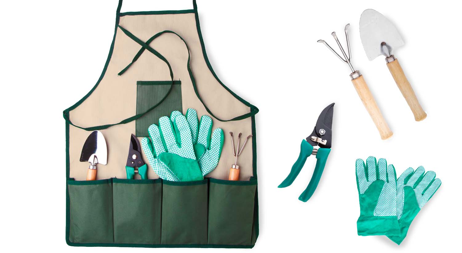 Grembiule da giardinaggio, con attrezzi e guanti in nylon, perfetti da personalizzare con il logo di un'azienda eco.
