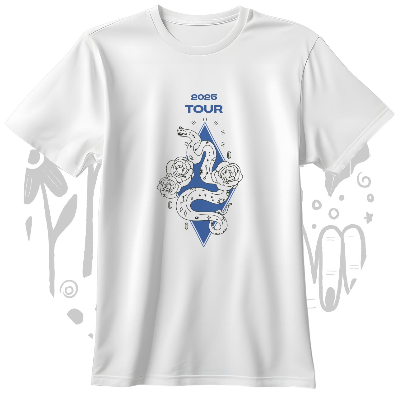 T-shirt bianca personalizzata per una linea di merchandising per band musicali.