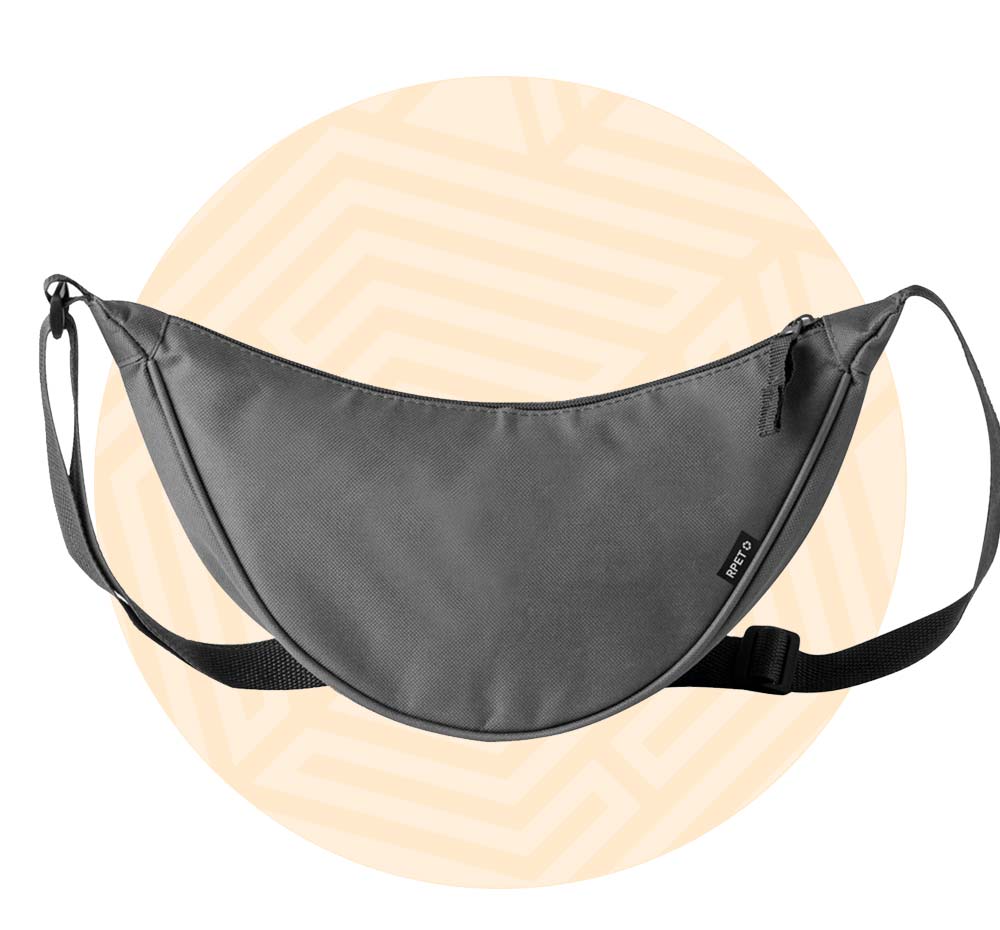 Marsupio a banana grigio. Background composto da un cerchio arancione.