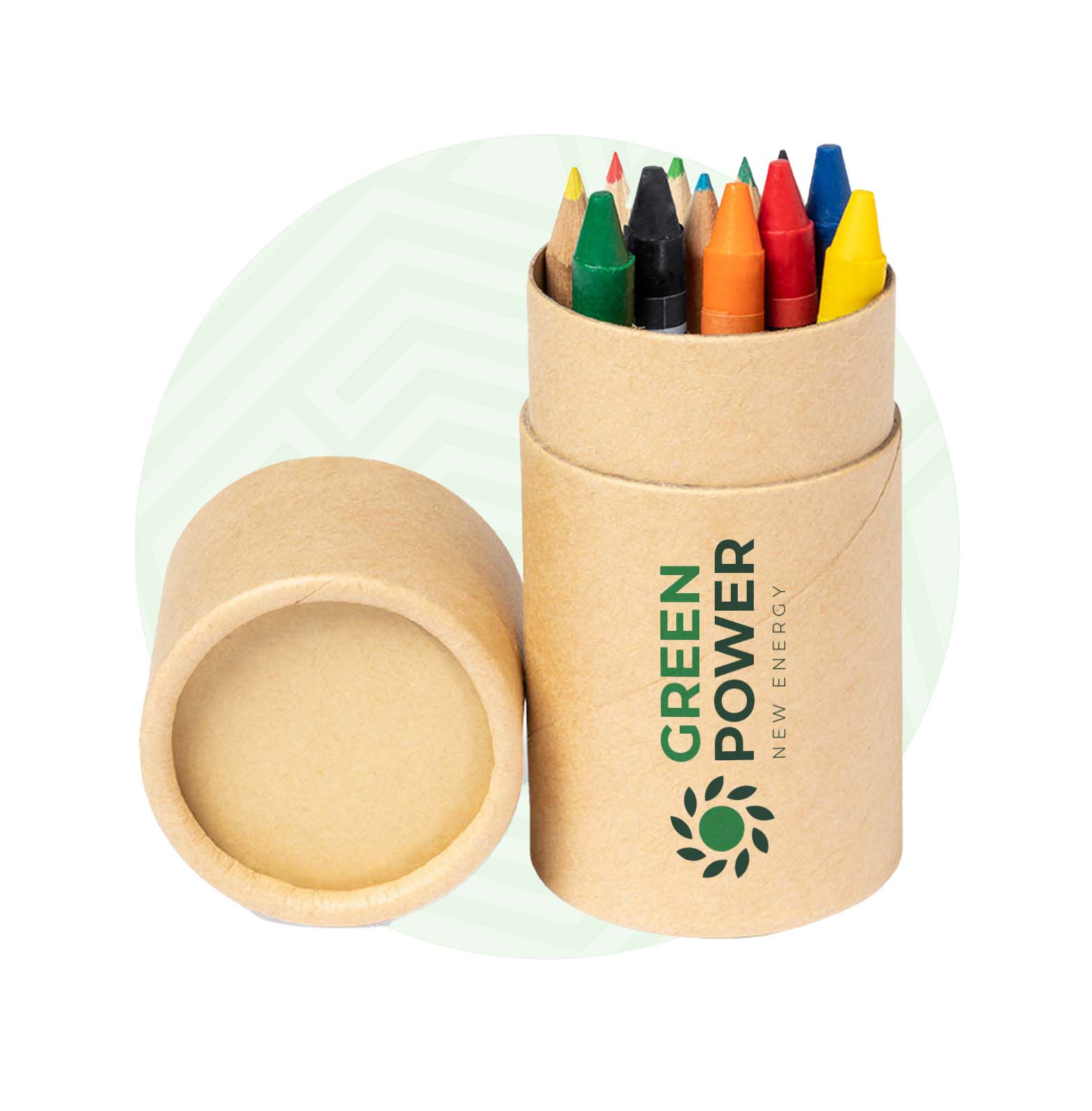 Confezione di cartone circolare con pastelli colorati.