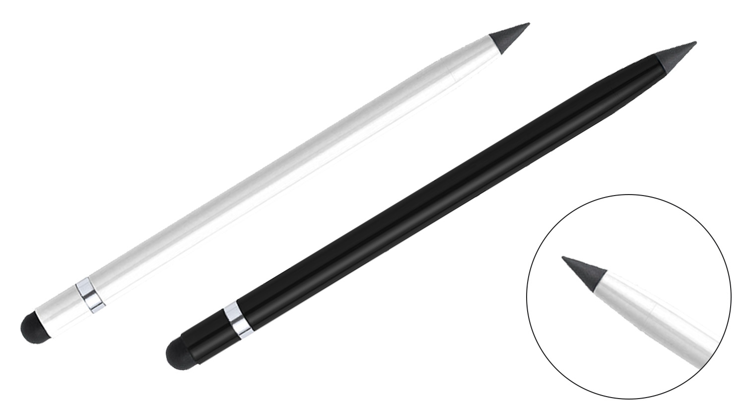 Due matite infinite in alluminio riciclato su sfondo bianco con dettaglio cerchiato.