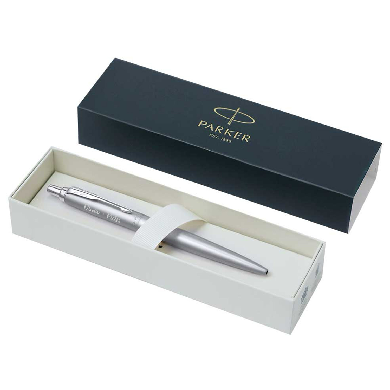 penna argento con incisione in scatola grigio chiaro e blu navy 
