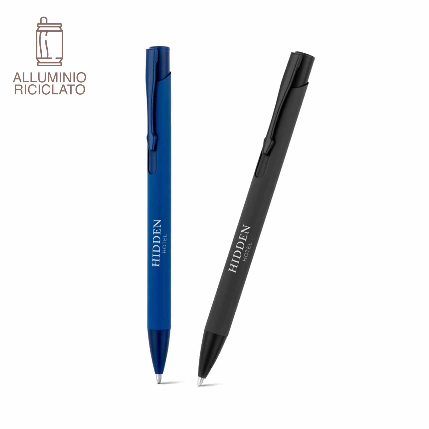 Due penne in alluminio riciclato, una blu e una nera.