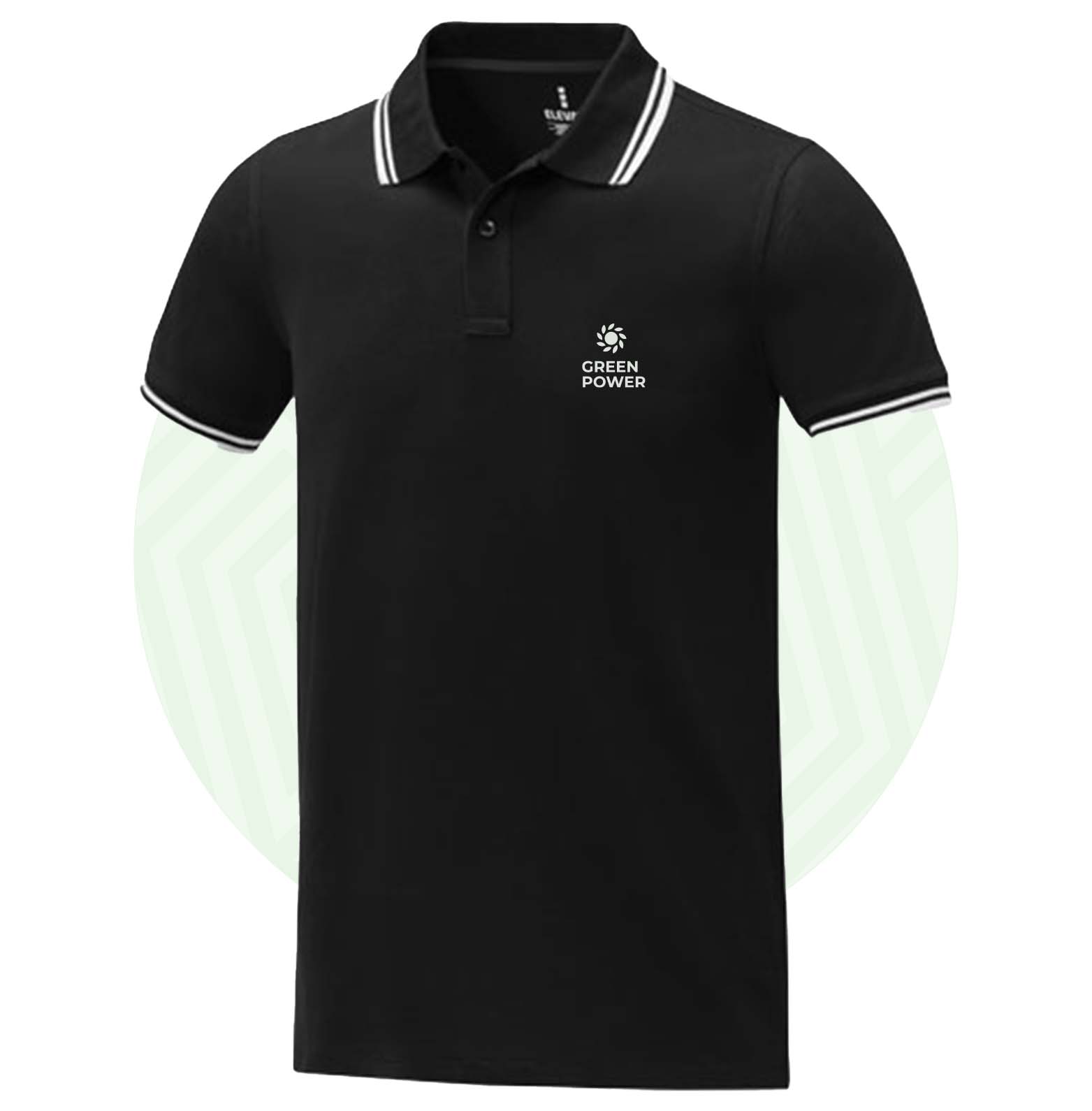 Polo nera con dettagli bianchi sulle maniche e logo bianco su lato cuore.